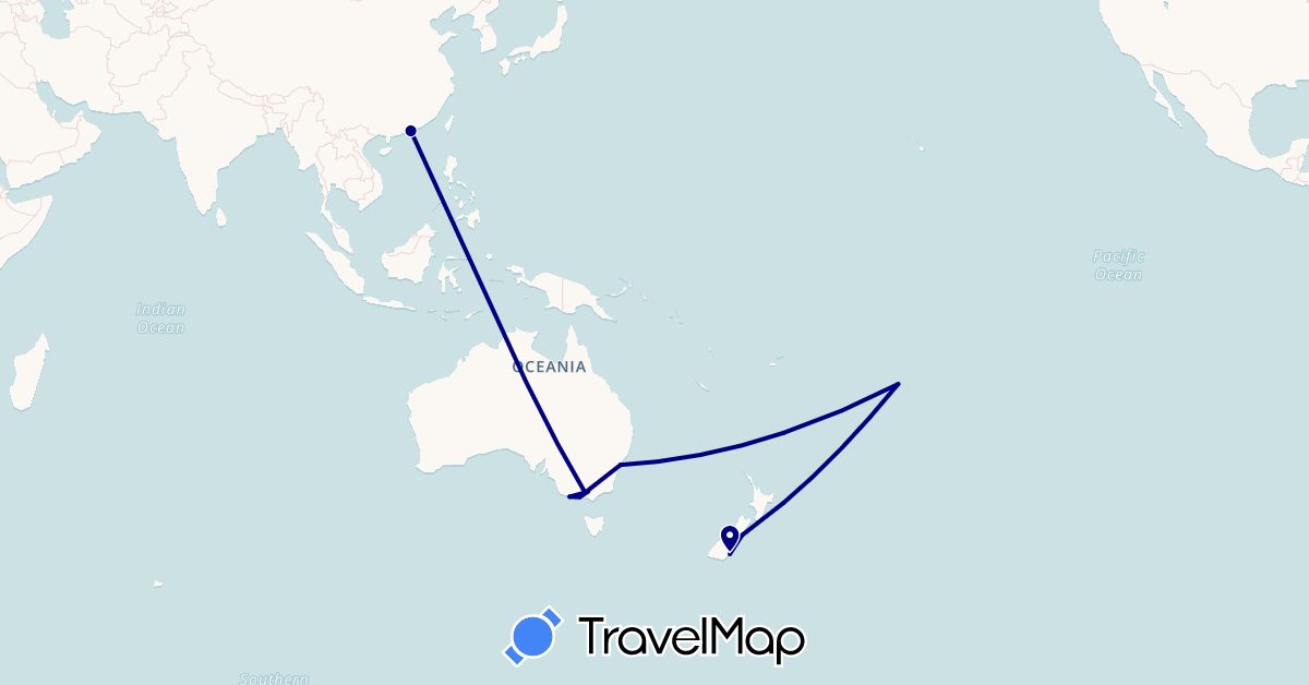 TravelMap itinerary: driving in Australia, Cook Islands, China, New Zealand (Asia, Oceania)